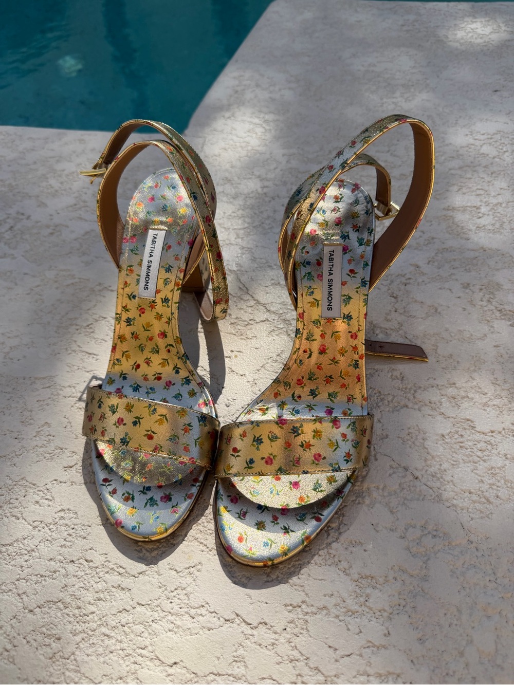 Never Worn* Tabitha Simmons Metallic Gold Floral Strap Heels size 39.5